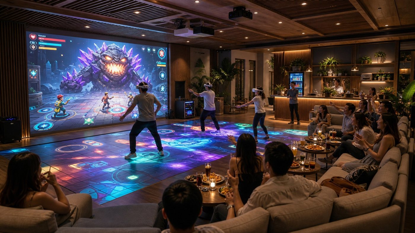 Party lounge — boss fight floor with seating